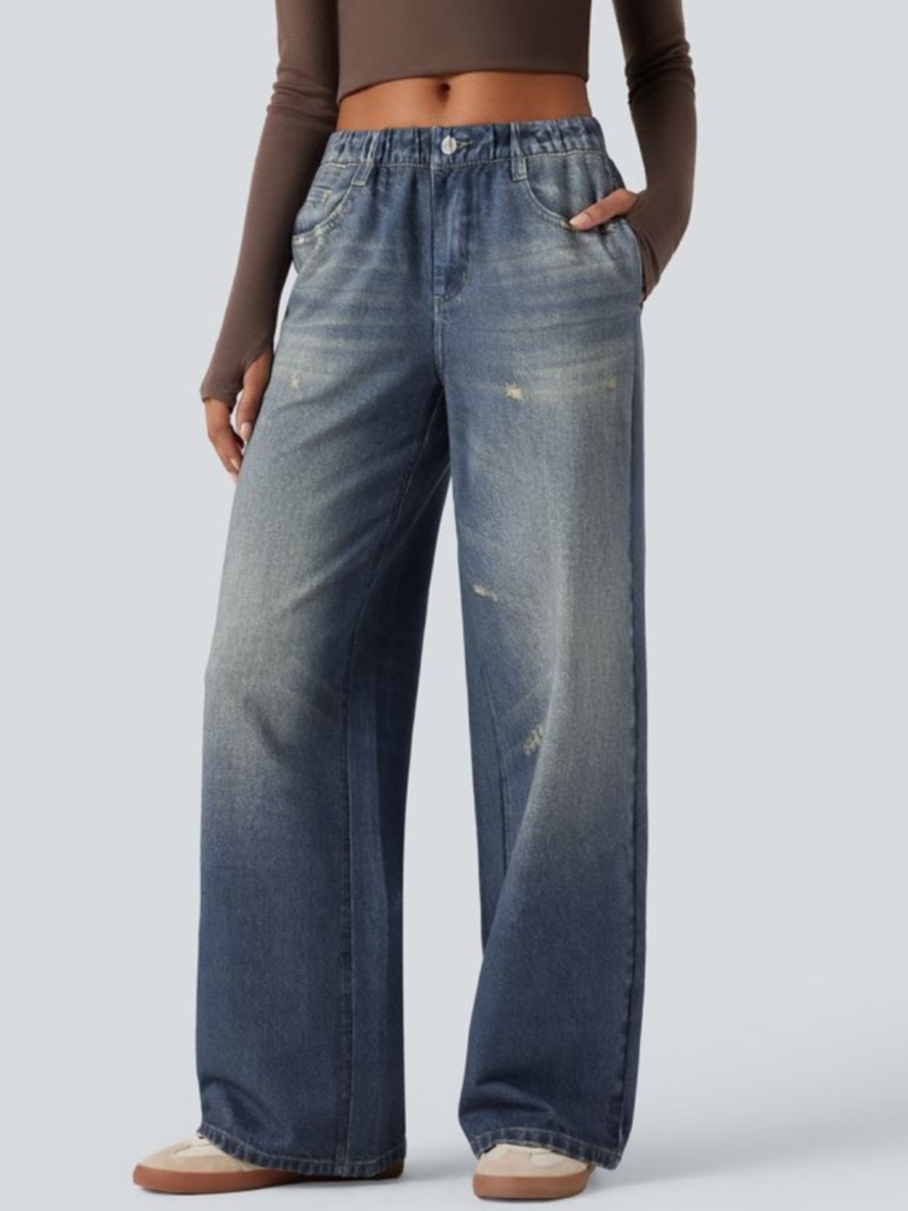 HALARA Faded Blue Wide-Leg mid rise casual sweatpants Jeans